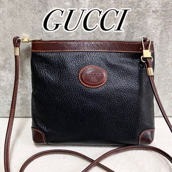 【美品】 GUCCI オールドグッチ ミニショルダーバッグ レザー シボ革 スエード ブラック 斜め掛け クロスボディ ロゴ型押し
