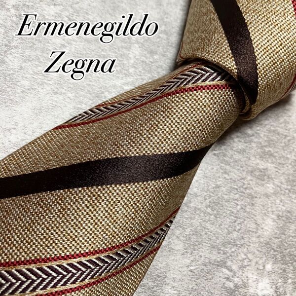 未使用に近い Ermenegildo Zegna エルメネジルドゼニア ネクタイ シルク レジメンタル ストライプ ヘリンボーン