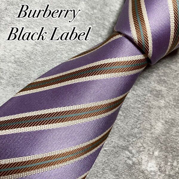 【極美品】 BURBERRY BLACK LABEL バーバリー ネクタイ シルク レジメンタル ストライプ パープル系 薄紫
