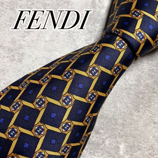 美品 FENDI フェンディ ネクタイ シルク 小紋柄 ズッカ柄 ズッキーノ スクエア ネイビー イタリア製 高級 定番