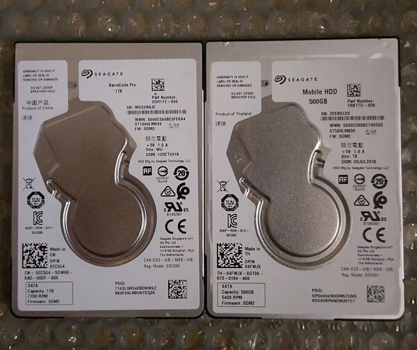 Seagate 2.5インチHDD 2台セット 1TB 500GB 合計1.5TB CDI正常判定