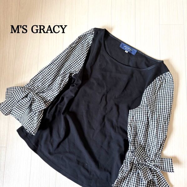 M'S GRACY ギンガムチェック カットソー ブラウス フリル リボン