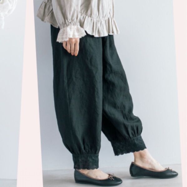 サマンサモスモス×kazumiさん ベルギー リネン 裾レース パンツ ペチパンツ 黒 ナチュラル