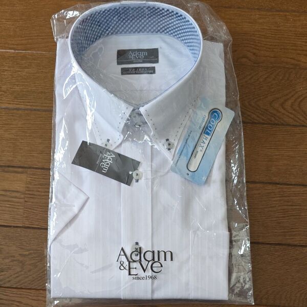 Adam & Eve 半袖ワイシャツ ホワイト ブルー ギンガムチェック 未使用品 襟43 形態安定 ビジネスシャツ