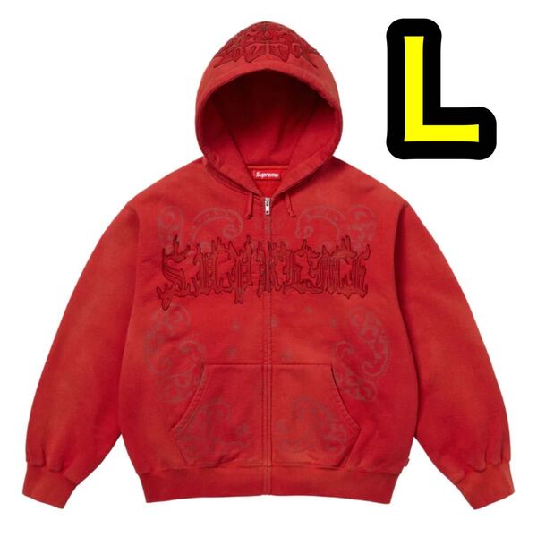 Supreme Leather Applique Zip Up Hooded Sweatshirt "Red"
