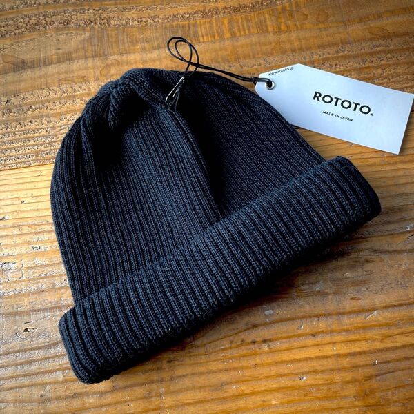 ROTOTO ロトト 帽子 ニット帽 コットンロールアップビーニー 黒 ニットキャップ