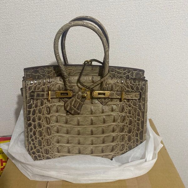 型押しクロコダイルバッグ ダークベージュ25cm