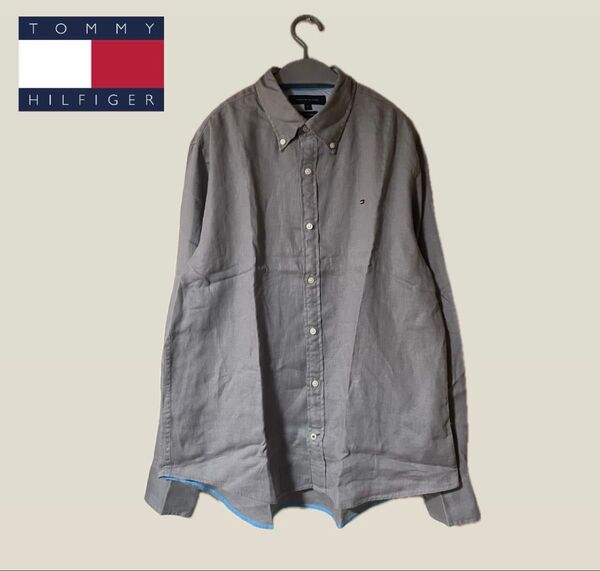 TOMMY HILFIGER トミーヒルフィガー プレミアムリネン ボタンダウンシャツ ワンポイント刺繍ロゴ グレー XL