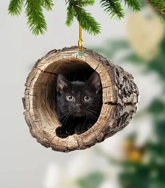 切り株の中に 黒猫 飾り オーナメント 飾り 猫 ネコ ねこ 2D