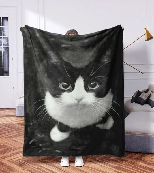 ハチワレ はちわれ 猫柄 プリント 膝掛け ブランケット 毛布 猫 ネコ ねこ
