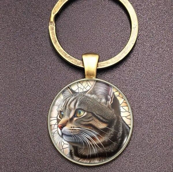 キジトラ 円形 キーホルダー キーリング リアル 猫 ネコ ねこ