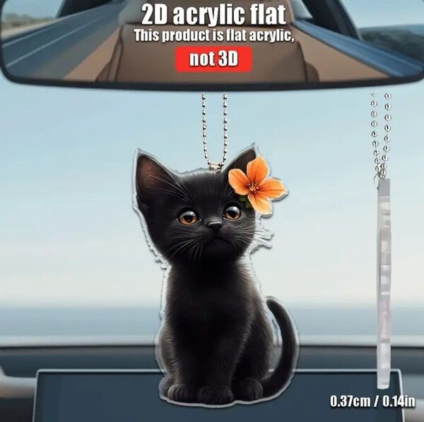 ハイビスカスをつけた 黒猫 キーホルダー 飾り インテリア 猫 ネコ ねこ 子猫