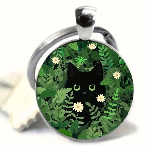 お花畑の 黒猫 円形 キーホルダー キーリング かわいい 猫 ネコ ねこ