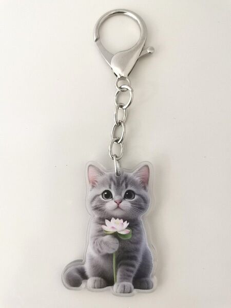 蓮をもった サバトラ 猫 ネコ ねこ キーホルダー アクリル