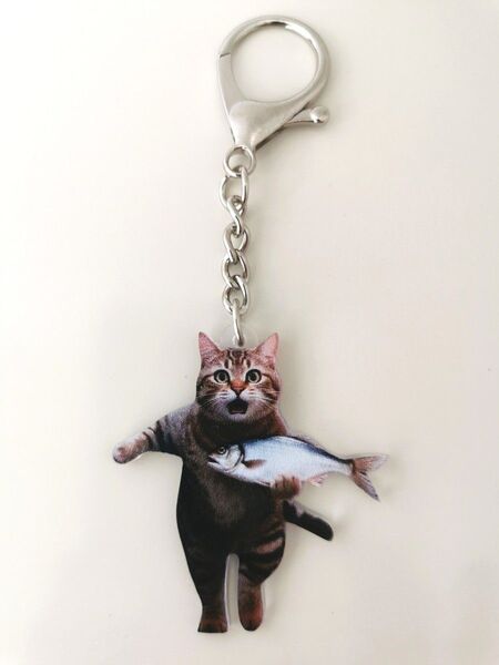 魚を抱えて逃げる猫 キジトラ キーホルダー アクリル 猫 ネコ ねこ おもしろ