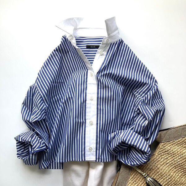 定価2.4万 allureville アルアバイル 青×白 ストライプ クロップドシャツ M