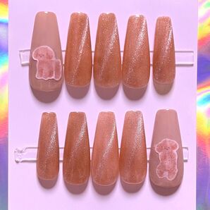 《特価》ジェルネイルチップ : ベージュ × ワンコ No.110 ミディアム バレリーナ コフィン マグネットネイル