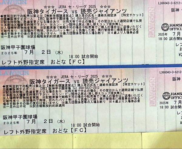 阪神タイガース 甲子園チケット 阪神vs巨人 7/2(水)レフト外野指定席 連番2枚
