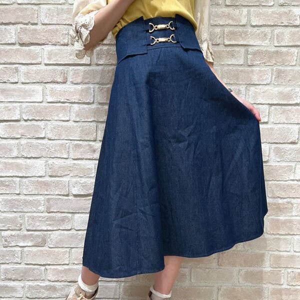 axes femme アクシーズ ビット付ハイウエストSK デニムスカート ロングスカート ひざ丈スカート フレアスカート M