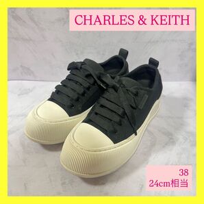 ★美品★CHARLES&KEITH オーガニックコットンスニーカー 黒 38 スニーカー シューズ 厚底スニーカー