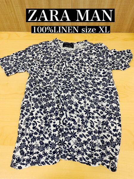 ZARA MAN Tシャツ 100%リネン XL 着心地最高 おしゃれなシンプルボタニカルデザイン