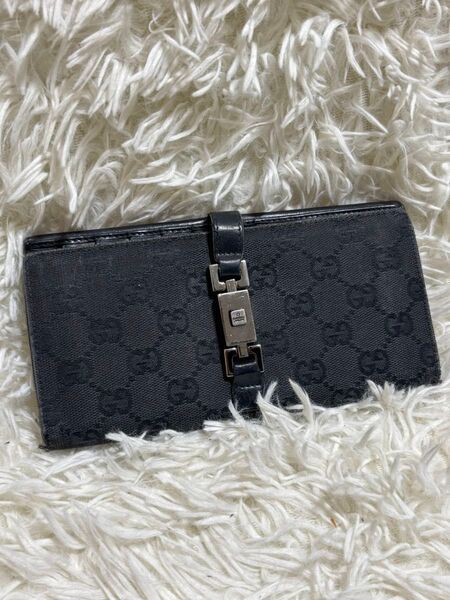 GUCCI グッチ キャンバス レザー 長財布 GG柄 ジャッキー 黒 フラップ