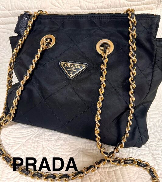 PRADA プラダ ナイロンバッグ ゴールドチェーン ショルダーバッグ ブラック キルティング 三角ロゴ ナイロン 黒 バッグ