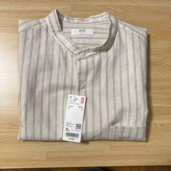 UNIQLO コットンリネンスタンドカラー ストライプシャツ半袖 サイズXL