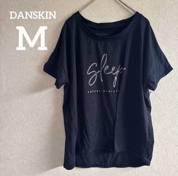 DANSKIN ブラック Tシャツ Mサイズ 黒 襟広め Uネック 古着