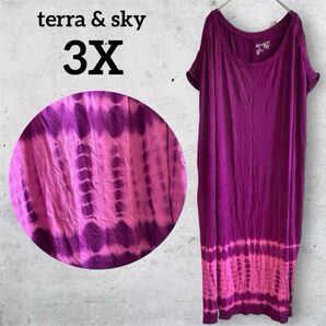 terra & sky タイダイ柄 カットソーワンピース 3X パープル 半袖