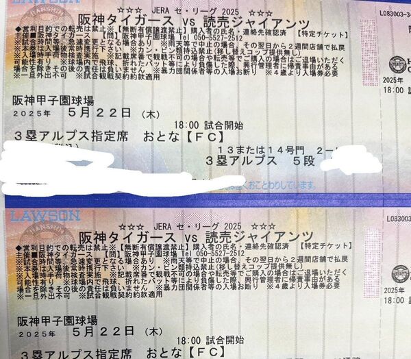 阪神タイガース対東京読売ジャイアンツ5月22日(木)甲子園 アルプス席 ペアチケット 阪神タイガース 阪神 巨人戦 5/22
