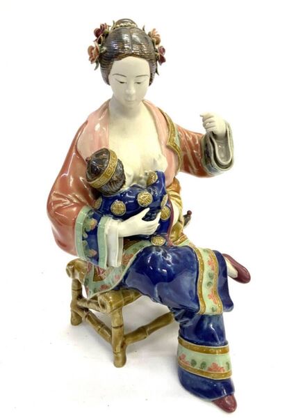 本日限定 G039 旧家蔵出し 中国 母子 彫刻 25cm アンティーク 女性 磁器 置物 装飾