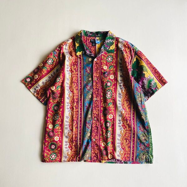 90's POLO JEANS ポロジーンズ 総柄 オープンカラーシャツ 半袖シャツ アロハシャツ ビンテージ M