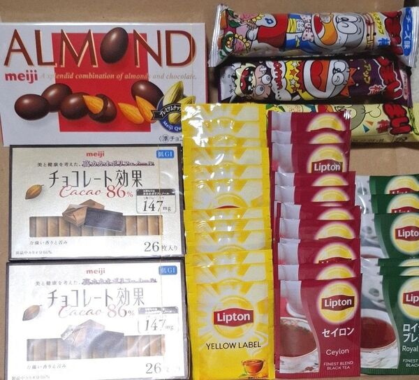 チョコレート効果86% アーモンドチョコレート リプトン ティーバッグ セイロン ロイヤルブレンド レモンティー うまい棒