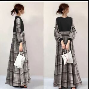 ドッキングワンピース チェック柄 ワンピース ロング丈 パフスリーブ リボン
