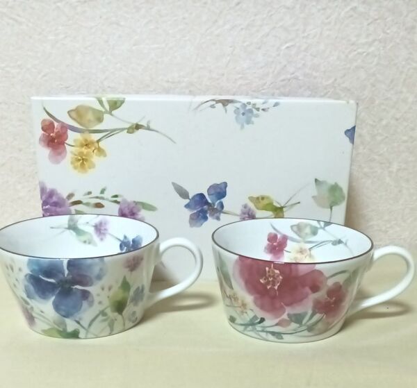 ペアカップ 花水彩 セラミック藍 未使用