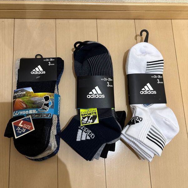 未使用 adidas アディダス ショートソックス 3足組 3セット 9足 26-28cm メンズ