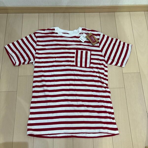 未使用 Healthknit ヘルスニット 半袖クルーネックTシャツ 胸ポケット付き Mサイズ レッド/ホワイト ボーダー