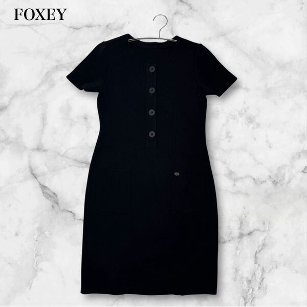 美品!FOXEY フォクシー ワンピース ドレス コットン 膝丈 サイズ42(L相当) 春夏秋 ネイビー系