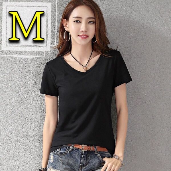 Tシャツ レディース 黒 無地 Vネック シンプル インナー 半袖 黒T 年中