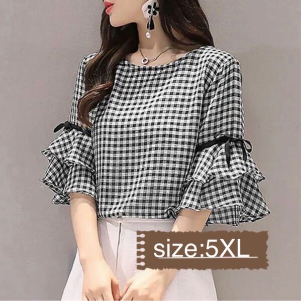袖フリル ギンガムチェック ブラウス シャツ リボン 黒 大きいサイズ 5XL