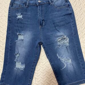 デニムショートパンツ ダメージ加工 ブルー