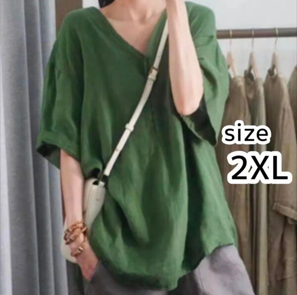 トップス シャツ 大きめサイズ グリーン 体型カバー ゆったり 薄手 チュニック 3L 半袖 カットソー