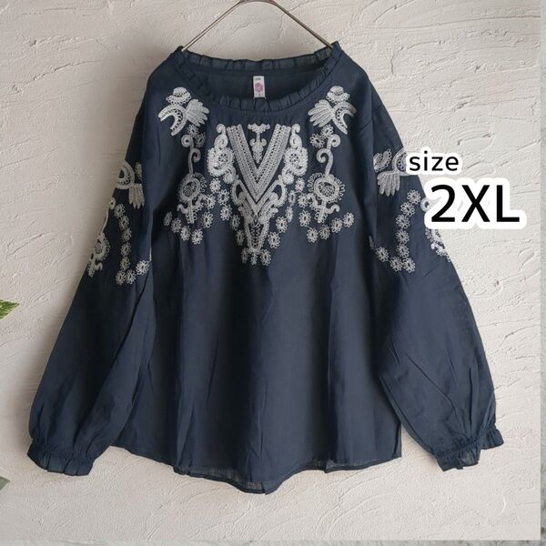 チュニック トップス 刺繍 ネイビーチ 大きいサイズ 2XL カジュアル薄手 涼しげ 体型カバー シャツ エスニック