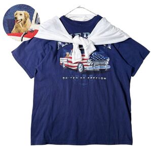 Tシャツ 超 アメ車 ゴールデンレトリバー 犬 オーバーサイズ usa古着 星条旗 ネイビー ユニセックス 動物柄 車柄 アメカジ