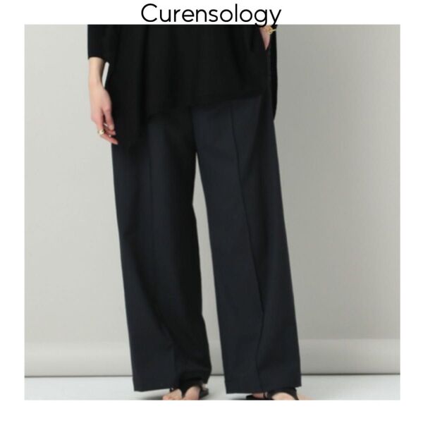 Curensology シェルタリングパンツ カレンソロジー ネイビー ワイド センタープレス コットン リネン ウォッシャブル