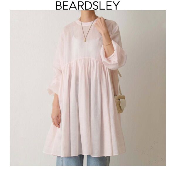 BEARDSLEY リネンギャザーチュニック ピンク ビアズリー 長袖 麻 シアー 2way ブラウス