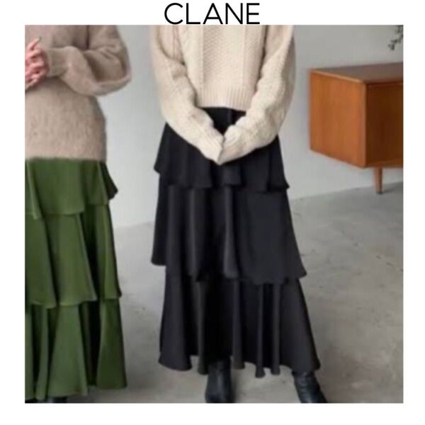 CLANE クラネ TIERED SATIN SKIRT ティアードサテンスカート ブラック 黒 ロング モード Aライン 0 S