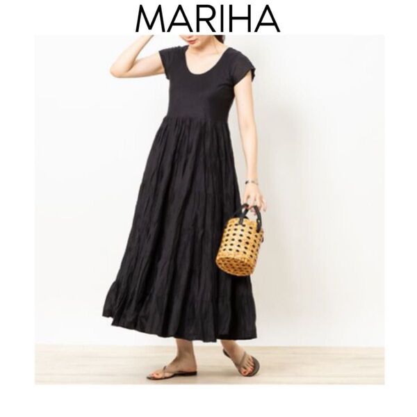 MARIHA 草原の虹のドレス ブラック 黒 マリハ マキシ丈 ショートスリーブ ティアード 半袖 無地 フリーサイズ
