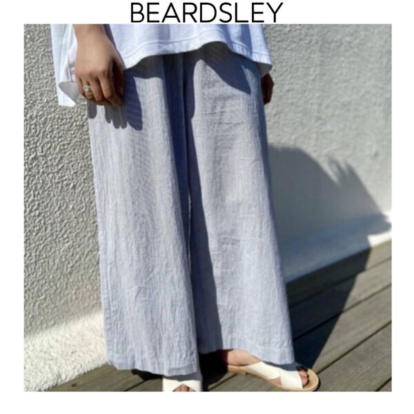 BEARDSLEY 細コードワイドパンツ ブルー グレー ストライプ ビアズリー ウエストゴム ゆったり ウォッシャブル コットン